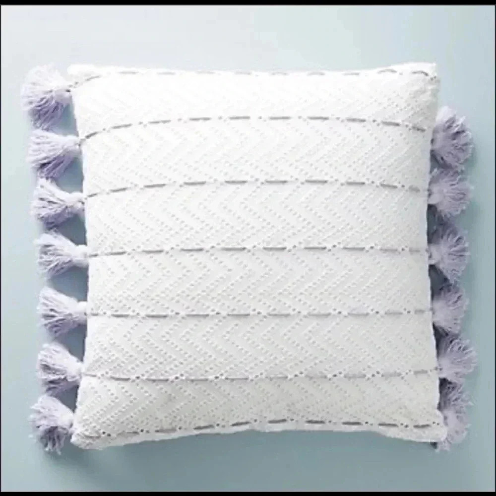 Anthropologie tasseled eyelet lavender pillow white purple tassels 22x22 square